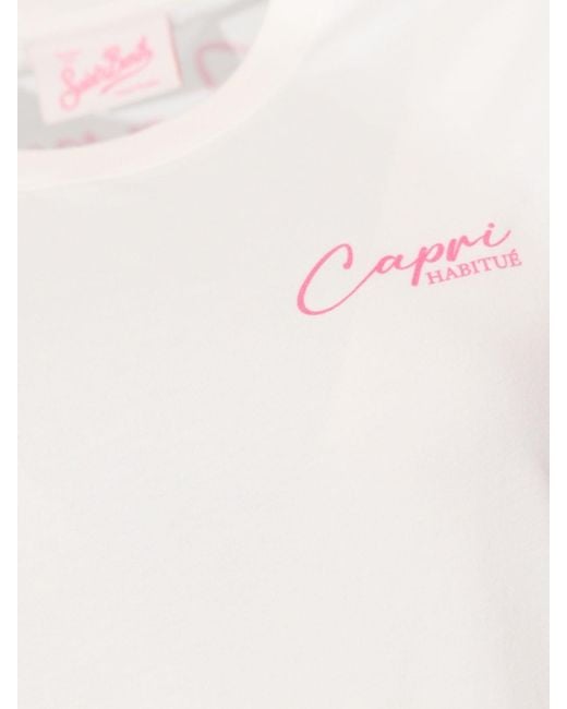 Mc2 Saint Barth White Crewneck Cotton T-Shirt With Graphic Print And Logo
