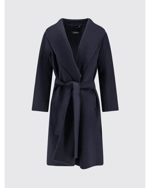 Max Mara Blue Belted Virgin Wool Robe Coat With Shawl Collar