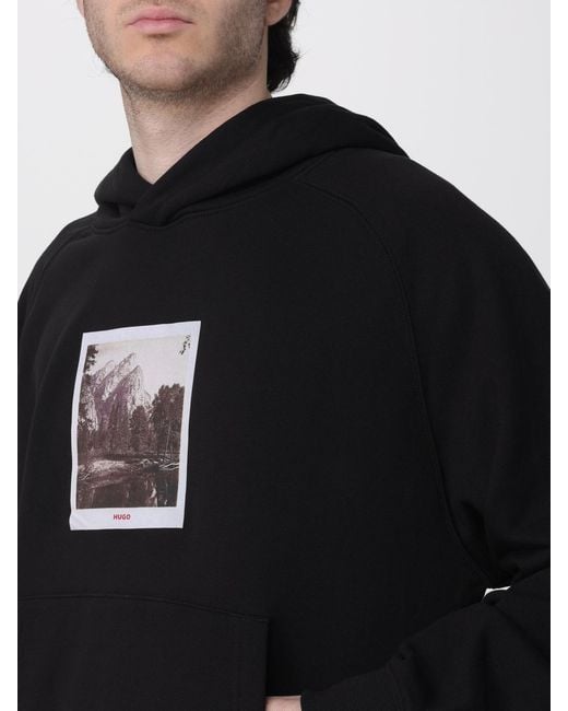 HUGO Black Printed Cotton Hoodie for men