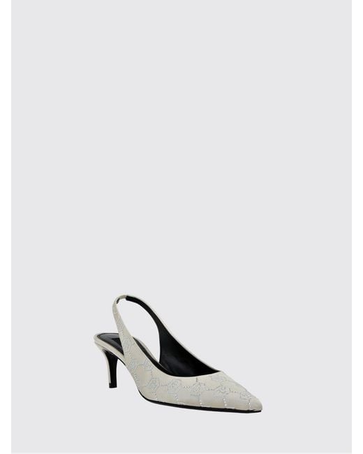 Philipp Plein White Satin Slingback Pumps With Hexagon Logo And Mid Heel