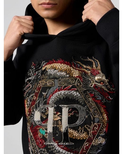 Philipp Plein Black Cotton Hoodie With Monogram Embroidery for men