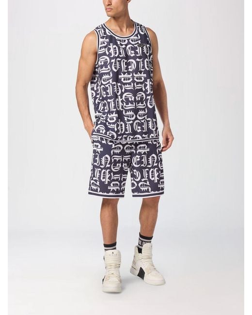 Philipp Plein Blue Gothic Cotton Tank Top With Contrast Logo And Crew Neck for men