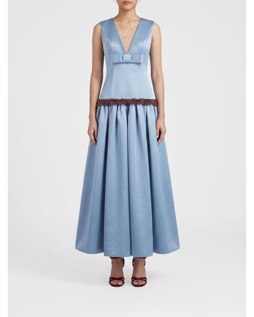 Vivetta Blue Flared Satin Midi Evening Dress With Beaded Embellishments