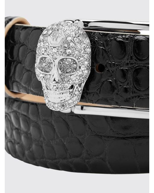 Philipp Plein Black Crocodile Print Leather Belt With Skull And Rhinestones