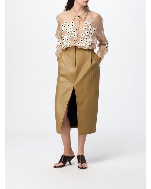 Khaite Natural Mid-Rise Leather Midi Pencil Skirt With Front Slit