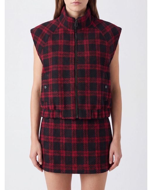 Pinko Red High Neck Tartan Wool Blend Vest