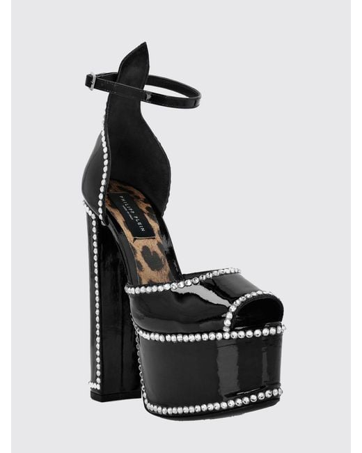 Philipp Plein Black Patent Leather Platform Sandals With High Heel And Rhinestones