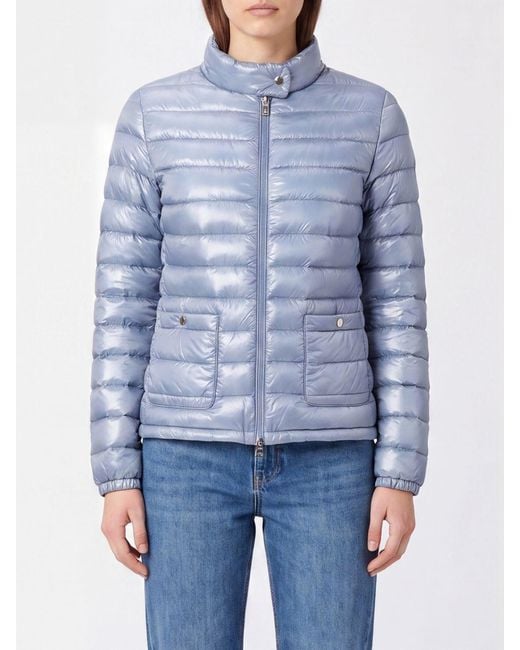 Herno Blue Short Ultralight Nylon Down Jacket With Biker Collar And Zip