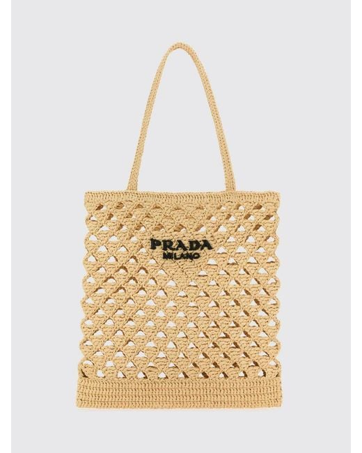 Prada Natural Embroidered Logo Perforated Crochet Raffia Bag