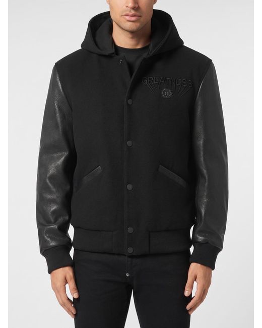 Philipp Plein Black Hooded Bomber Jacket for men