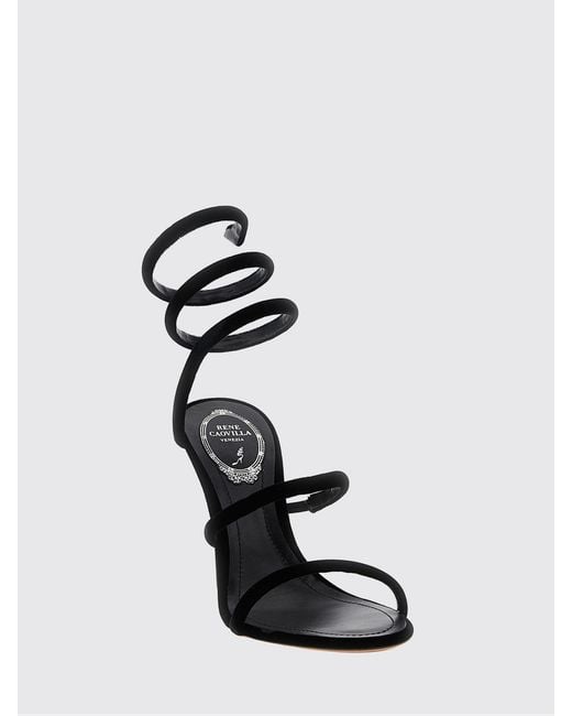 Rene Caovilla Black High-Heeled Velvet Sandals With Snake Strap And Stiletto Heel