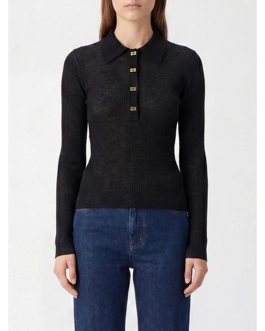 Ganni Black Long-Sleeved Slim Fit Wool Knit Polo With A Ribbed Collar