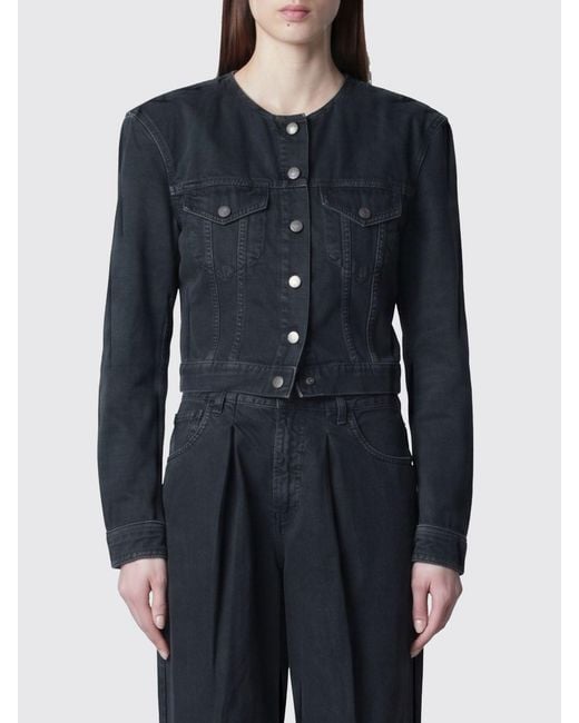 Haikure Blue Cropped Cotton Denim Jacket With Padded Shoulders