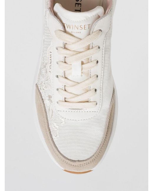 Twinset White Embroidered Leather And Twill Low-Top Sneakers With Suede Details