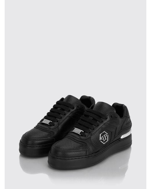 Philipp Plein Black Pit-$Top Monogram Leather Low-Top Trainers With Hexagon Logo for men