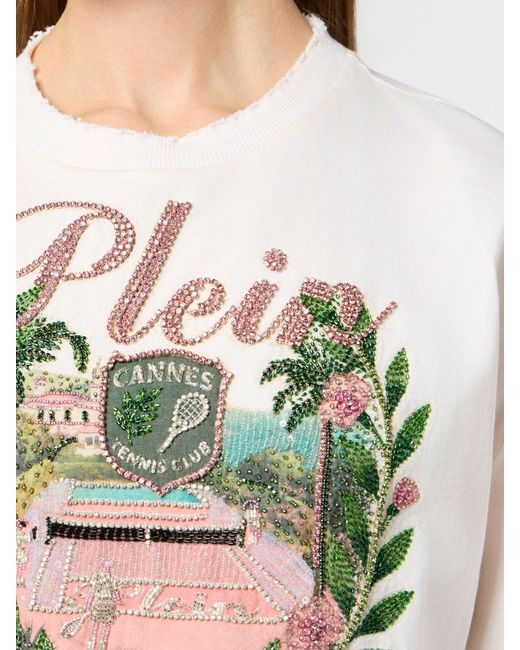 Philipp Plein White Cropped Cotton T-Shirt With Jacquard Logo And Fringed Hem