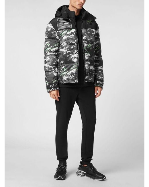 Philipp Plein Black Hooded Camouflage Puffer Jacket for men