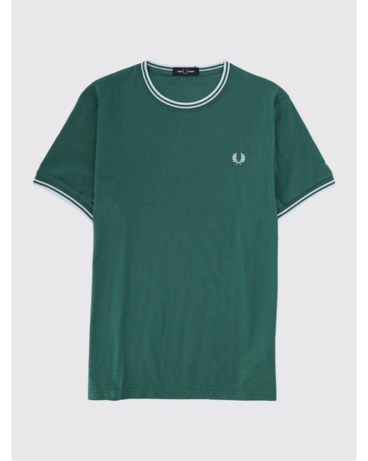 Fred Perry Green Slim Fit Cotton T-Shirt With Contrast Trims And Embroidered Logo for men
