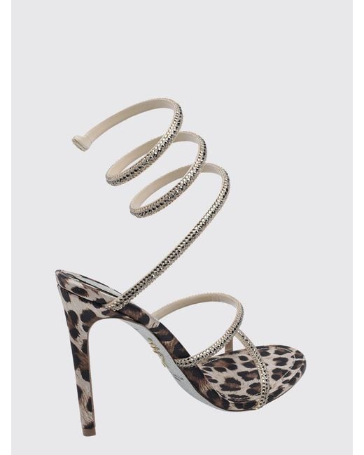 Rene Caovilla White Cleo Animalier Print Satin Sandals With Snake Strap And Crystals