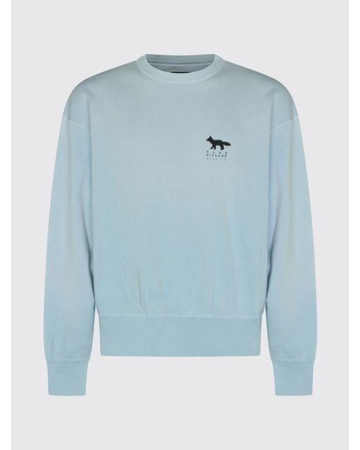 Maison Kitsuné Blue Maison Kitsun&Eacute Crewneck Cotton Sweatshirt With Contrast Logo for men