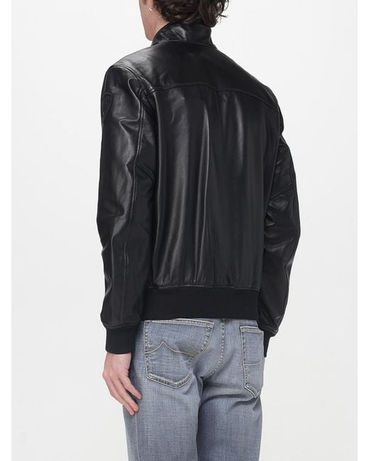 Blauer Black Leather Bomber Jacket for men