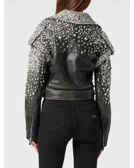 Philipp Plein Black Cropped Leather Biker Jacket With Crystals And Belt