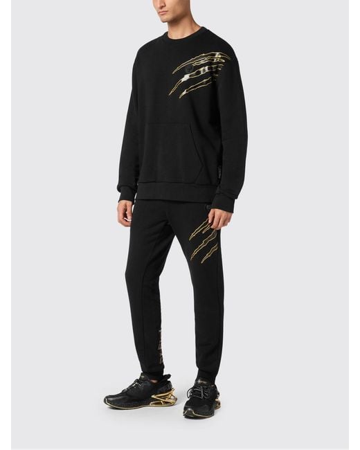 Philipp Plein Black Contrast Logo Cotton Crewneck Sweatshirt With Dropped Shoulders for men