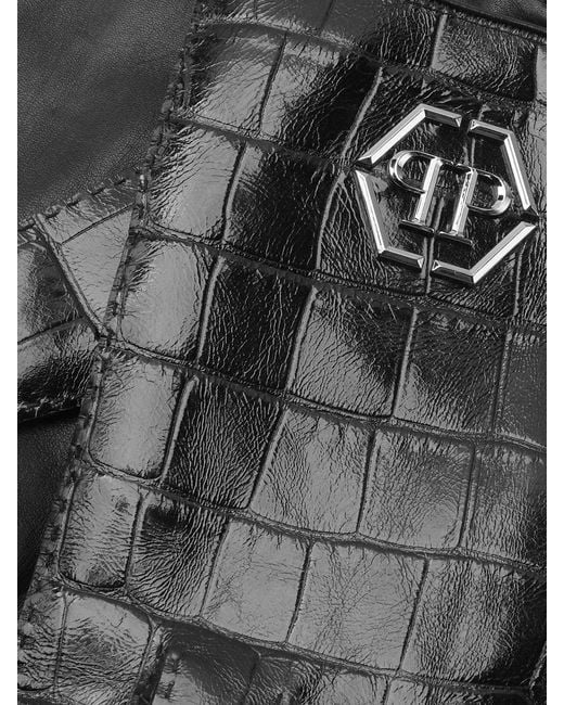 Philipp Plein Gray Crocodile-Effect Nappa Leather Gloves With Metal Hexagon Logo for men