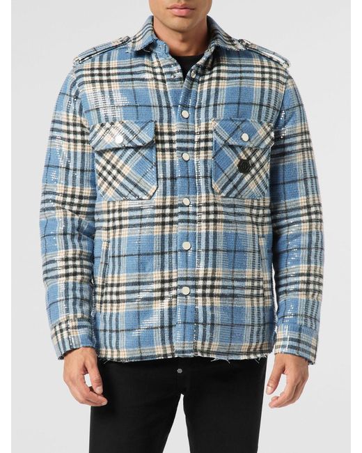 Philipp Plein Blue Tartan Shirt Jacket With Sequin Embroidery And Epaulets for men