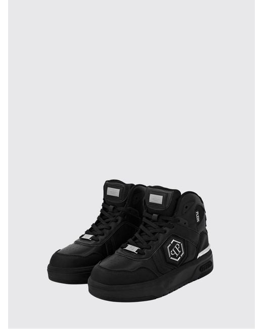 Philipp Plein Black Monogram Leather High-Top Sneakers With Hexagon Logo for men