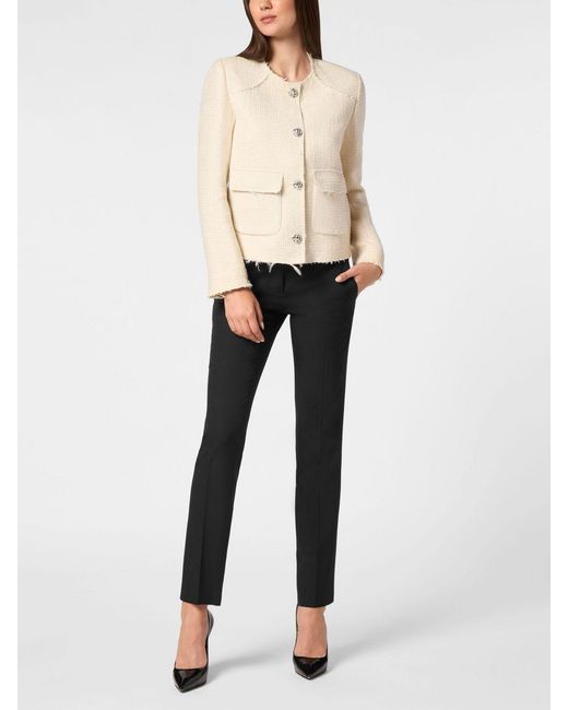 Philipp Plein Natural Single-Breasted Short Tweed Blazer With Jewelled Buttons