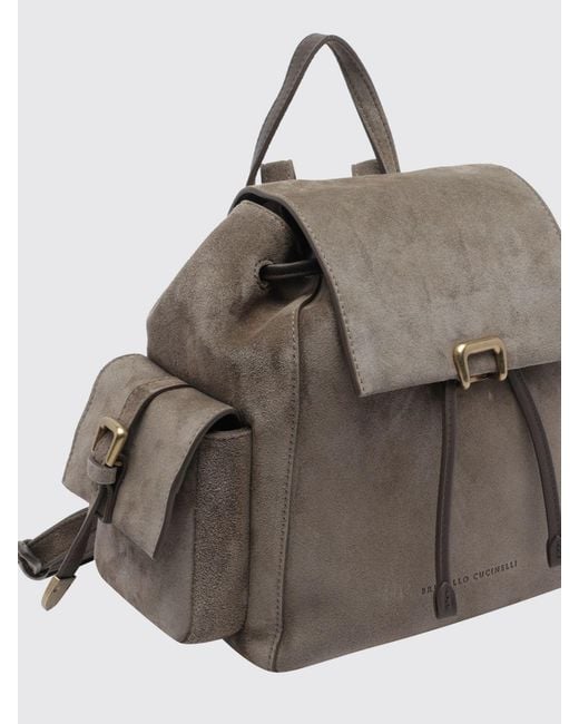 Brunello Cucinelli Gray Small Suede Backpack With Drawstring Closure And Monili