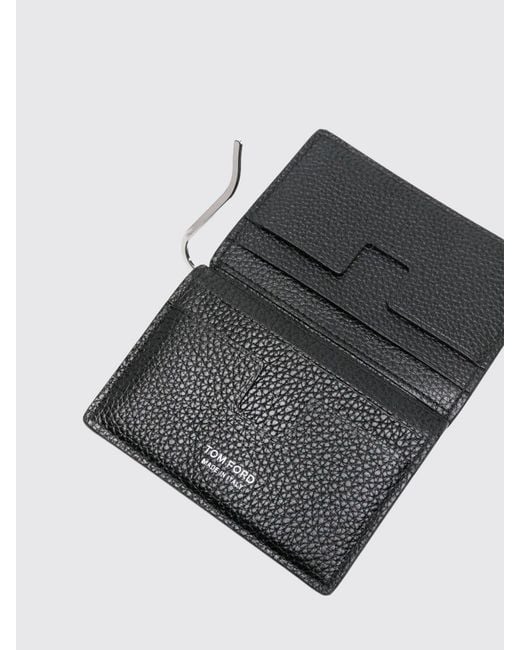 Tom Ford Gray Bifold Leather Card Holder With Money Clip And Laminated Logo for men