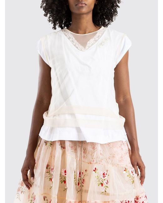 Simone Rocha White Cotton T-Shirt With Embroidered Tulle Inserts And Crystals
