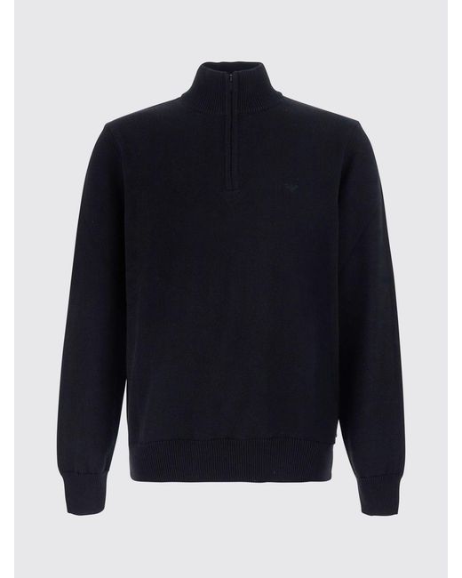 Emporio Armani Blue Cotton Turtleneck Sweater With A Half-Zip Closure for men