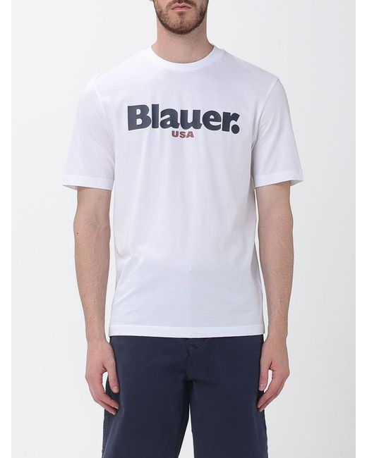 Blauer White Cotton T-Shirt With Logo for men