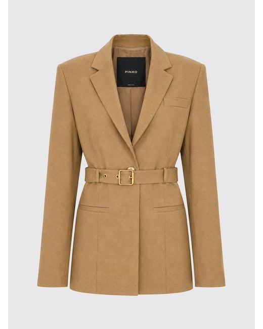 Pinko Natural Slim Fit Single-Breasted Wool Blend Blazer With Waist Belt