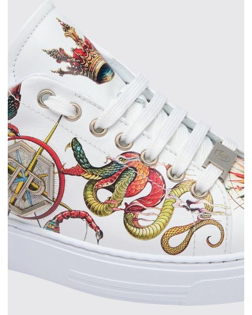 Philipp Plein White Low-Top Smooth Calfskin Leather Trainers With Side Hexagon Logo for men