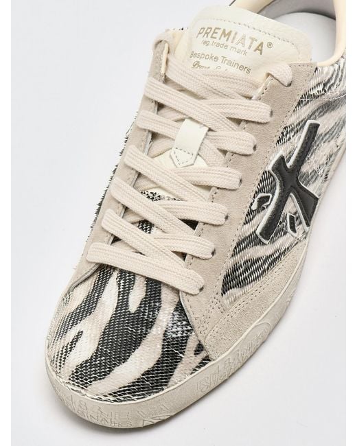 Premiata White Stevend Leather And Glitter Sneakers
