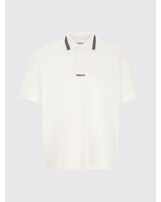 Versace White Greca Pattern Cotton Polo Shirt With Contrast Embroidered Logo for men