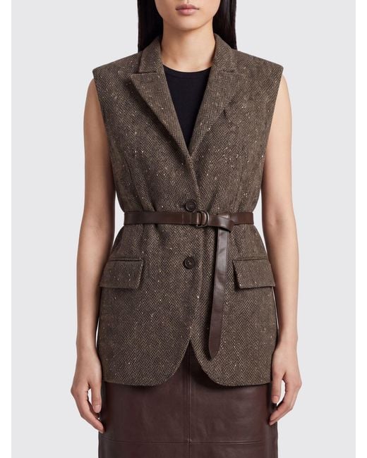 Brunello Cucinelli Gray Chevron Wool Tailored Waistcoat With Belt
