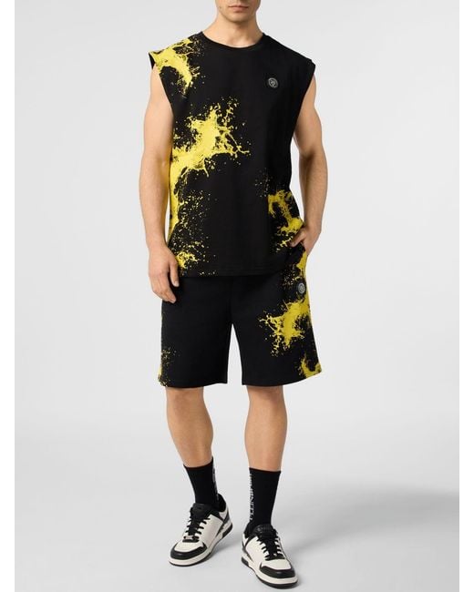 Philipp Plein Black Cotton Vest With Abstract Print And Hexagon Logo for men