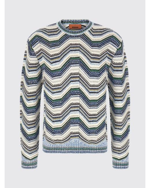 Missoni Blue Multicolour Zig-Zag Wool Blend Slim Fit Crewneck Jumper for men