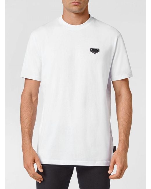 Philipp Plein White Cotton T-Shirt With Applied Logo Patch On The Chest for men