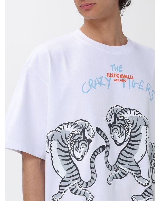 Just Cavalli White The Crazy Tigers Printed Cotton T-Shirt for men