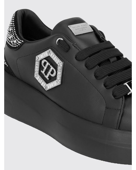 Philipp Plein Black Leather Chunky Sneakers With Hexagon Logo And Rhinestones
