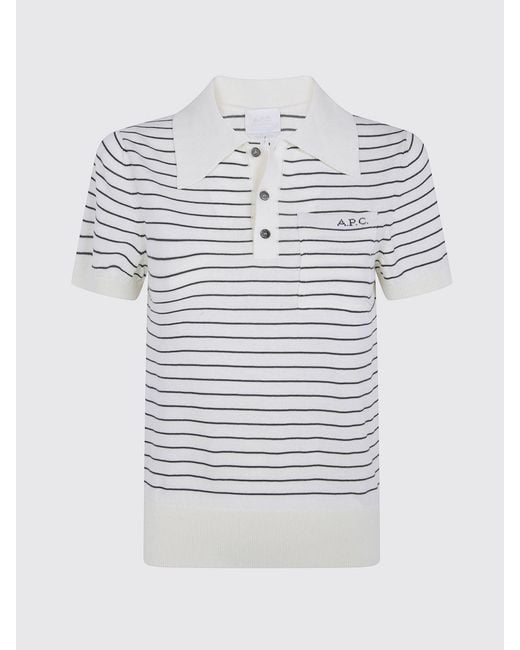 A.P.C. White Striped Knit Cotton Polo Shirt With Short Sleeves And Patch Pocket