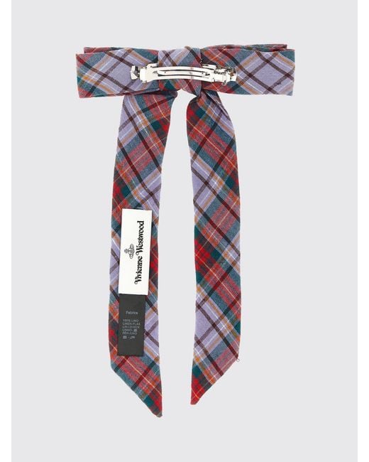 Vivienne Westwood Blue Tartan Linen Hair Clip With Bow And Orb Logo