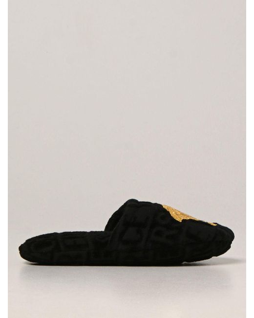 Versace Cotton Slippers With Embroidered Medusa in Black | Lyst UK