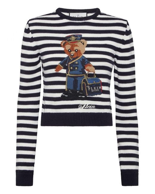 Philipp Plein Blue Cropped Striped Teddy Bear Wool Blend Jumper